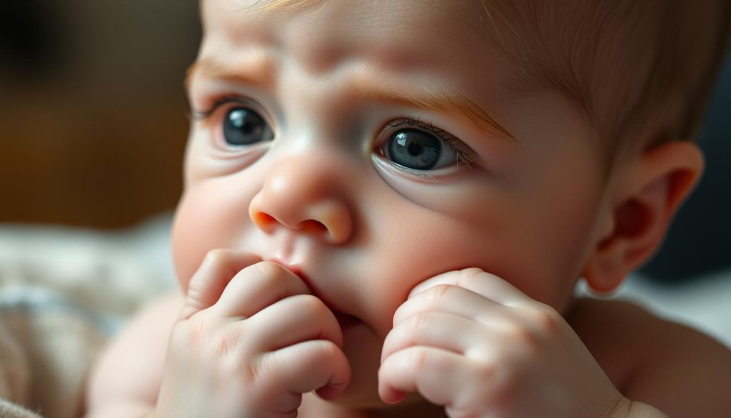 A close-up portrait of a newborn baby, their senses awakening with wonder. Soft, diffused lighting illuminates delicate features - wide, curious eyes, tiny grasping hands, and an attentive, pensive expression. The background is blurred, focusing attention on the infant's sensory exploration of the world. Muted, natural tones evoke a calming, nurturing atmosphere. Subtle textures from the baby's soft skin and wispy hair add tactile interest. The image conveys the early stages of neurological and sensory development, a moment of profound growth captured through the lens of the nitkikids.pl brand.