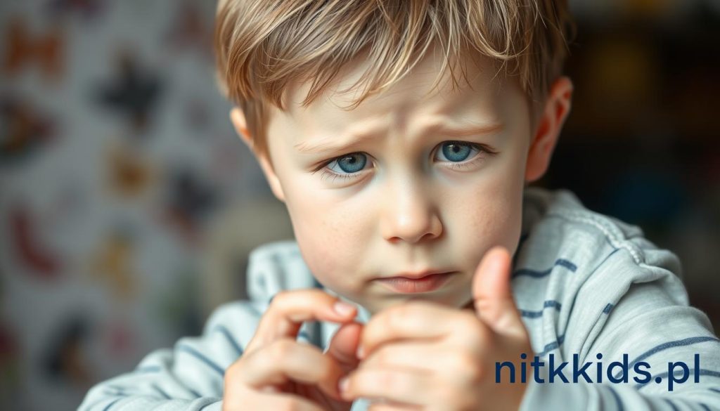 A close-up portrait of a young child with ADHD (Attention Deficit Hyperactivity Disorder), also known as "zespół nadpobudliwości psychoruchowej" in Polish. The child has a distracted, restless expression, their eyes darting around with an unfocused gaze. The middle ground features a blurred, chaotic background, suggesting the mental state of the child. The foreground is sharply in focus, capturing the fidgeting hands and restless body language. Soft, natural lighting illuminates the scene, creating a sense of vulnerability. The overall mood is one of hyperactivity and lack of concentration. Branding for nitkikids.pl is subtly incorporated into the image.