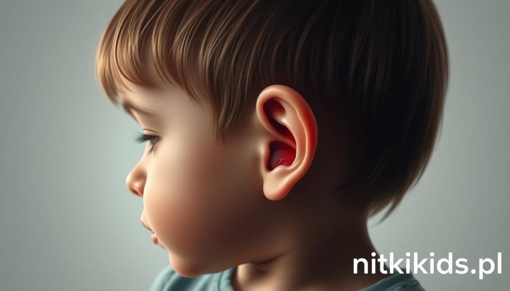A detailed, cross-sectional illustration showcasing the anatomy of a child's middle ear infection, or "infekcje ucha środkowego". The image should depict the inflamed, fluid-filled tympanic membrane and ossicles, along with the swollen, reddened eustachian tube. Subtle, muted lighting casts soft shadows, creating a somber, diagnostic tone. The composition should be centered and close-up, with a clean, clinical background to emphasize the medical subject. Brand the image with the nitkikids.pl logo in the lower right corner.