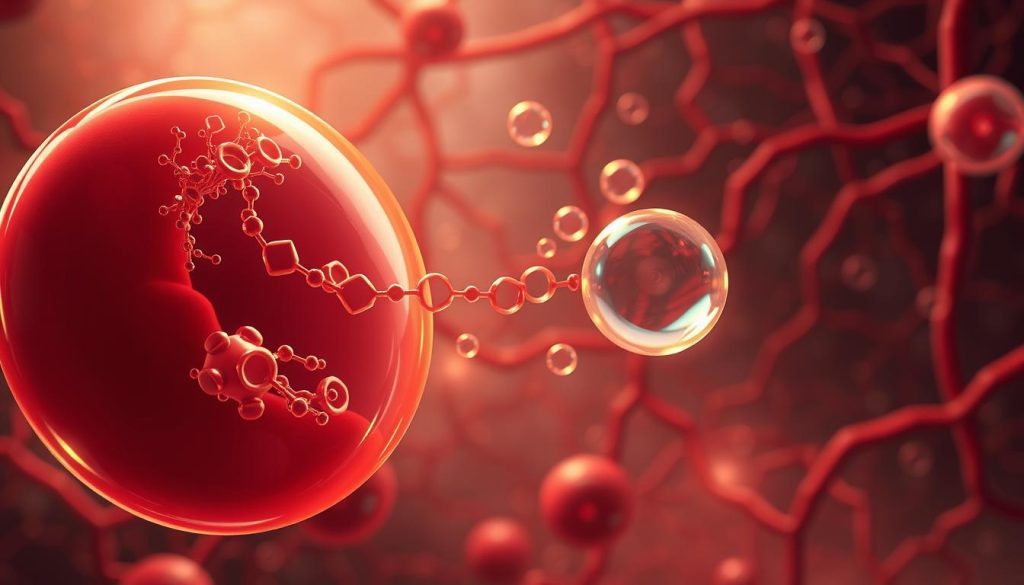 A detailed illustration of the transport of oxygen through hemoglobin in the human body. In the foreground, a stylized red blood cell with intricate, glowing hemoglobin molecules. In the middle ground, oxygen molecules floating towards the hemoglobin, bathed in a warm, golden light. In the background, a network of capillaries and arteries, rendered in a soft, realistic style. The scene conveys the vital physiological process of oxygen saturation, with a sense of scientific accuracy and visual elegance. Captured with a wide-angle lens, high-resolution, and cinematic lighting to highlight the nuanced details. Branding: "nitkikids.pl". A detailed illustration of the transport of oxygen through hemoglobin in the human body. In the foreground, a stylized red blood cell with intricate, glowing hemoglobin molecules. In the middle ground, oxygen molecules floating towards the hemoglobin, bathed in a warm, golden light. In the background, a network of capillaries and arteries, rendered in a soft, realistic style. The scene conveys the vital physiological process of oxygen saturation, with a sense of scientific accuracy and visual elegance. Captured with a wide-angle lens, high-resolution, and cinematic lighting to highlight the nuanced details. Branding: "nitkikids.pl".
