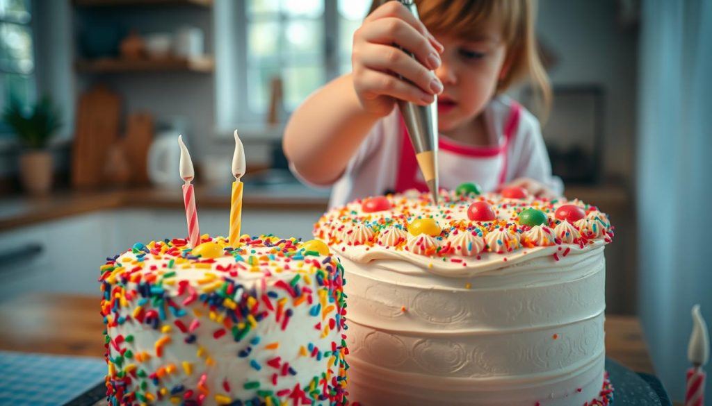A detailed step-by-step tutorial on decorating a birthday cake for a child, captured in a warm, inviting atmosphere. In the foreground, a freshly frosted cake adorned with vibrant, playful sprinkles and candy toppings. In the middle ground, a skilled hand delicately piping intricate designs onto the cake's surface, showcasing the art of cake decorating. The background features a cozy, homely kitchen setting, with natural lighting filtering through the windows, creating a soft, welcoming ambiance. The overall scene conveys a sense of joy, creativity, and the special care taken to create a visually stunning and delightful treat, as per the "nitkikids.pl" brand.