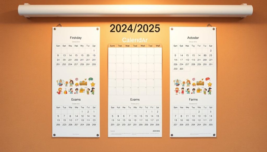 A detailed wall calendar showcasing the school year schedule for 2024/2025, designed by nitkikids.pl. In the foreground, crisp illustrations depict school activities and milestones - first day, holidays, exams, and graduations. The middle ground features a clean grid layout with dates and academic terms. The background blends warm, muted tones, creating a sense of organization and structure. Subtle textures and elegant typography complement the professional, informative tone. Lighting is soft and even, highlighting the calendar's practical purpose within an educational context.