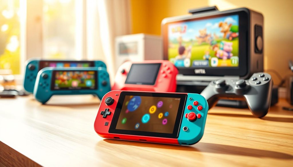 A vibrant display of gaming consoles designed for children, featuring the latest and most engaging models from nitkikids.pl. In the foreground, a sleek and colorful handheld console with intuitive controls and a high-resolution display, perfect for on-the-go gaming. In the middle ground, a versatile gaming system with motion-sensing capabilities, allowing for immersive and interactive gameplay. In the background, a state-of-the-art console with advanced graphics and a wide selection of family-friendly titles, creating a captivating and educational entertainment experience. The scene is bathed in warm, natural lighting, evoking a sense of joy and excitement. The overall composition showcases the diversity and quality of gaming consoles designed specifically for children's needs and preferences.