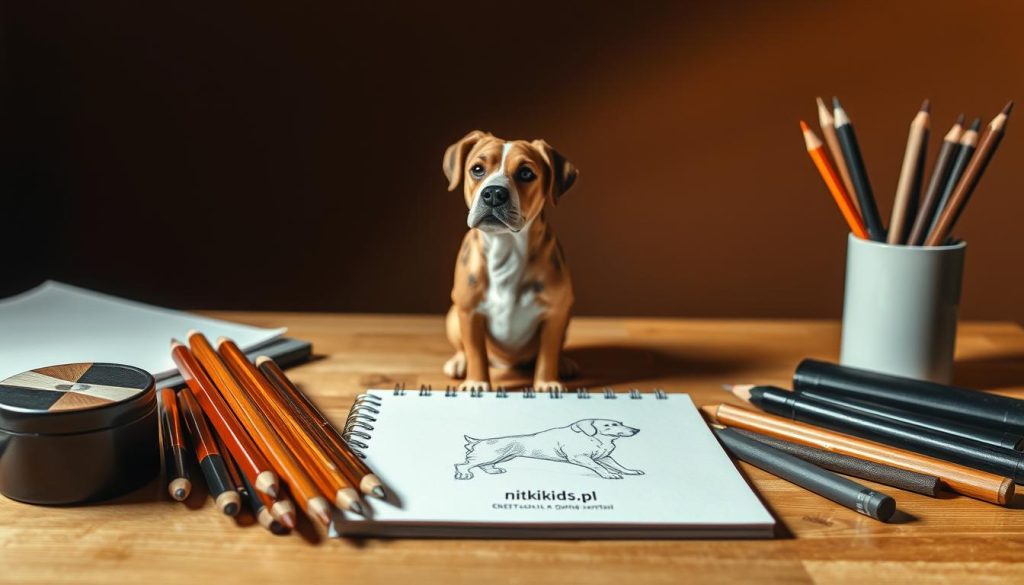 A well-lit, artfully arranged still life scene of drawing materials for sketching a dog. In the foreground, a wooden desk or table surface holds an array of high-quality drawing pencils, charcoal sticks, and a sketchpad emblazoned with the "nitkikids.pl" brand. In the middle ground, a lifelike model of a dog sits patiently, providing a reference for the artist. The background is softly blurred, allowing the materials to take center stage. The lighting is warm and directional, casting dramatic shadows and highlights to create depth and dimension. An atmosphere of focused creativity and artistic exploration pervades the scene.