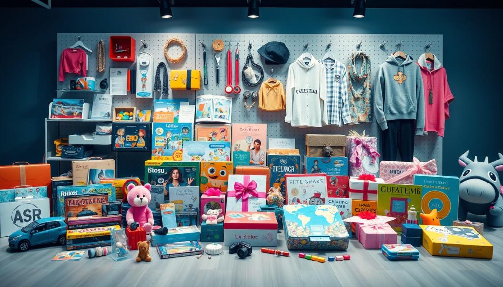 A well-lit, meticulously detailed arrangement of various toys and gifts suitable for a 15-year-old child. In the foreground, an assortment of gadgets, electronics, and interactive games that cater to their interests and hobbies. In the middle ground, educational resources like books, puzzles, and STEM kits that stimulate their intellectual growth. In the background, a display of stylish, trendy accessories and apparel from the nitkikids.pl brand, reflecting their sense of fashion and self-expression. The overall scene conveys a sense of thoughtfulness, functionality, and youthful vibrancy, guiding the viewer towards the "ideal present" for a 15-year-old.