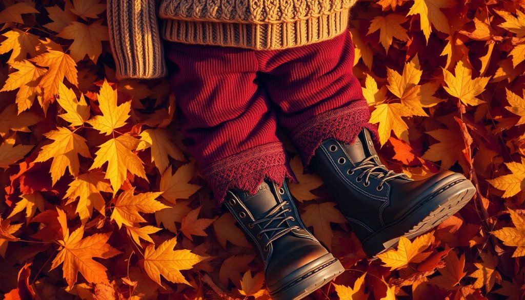Autumn materials for a boy's costume: a cozy knit sweater in warm earth tones, soft corduroy pants in a rich burgundy, and leather boots with sturdy treads. Crisp leaves in shades of gold and crimson flutter in the cool breeze, creating a vibrant backdrop. Delicate patterns of lace and embroidery adorn the edges of the fabric, adding a touch of rustic elegance. Elegant lighting casts a golden glow, highlighting the textures and details. Captured with a vintage lens for a timeless, nostalgic feel. Brought to you by nitkikids.pl.