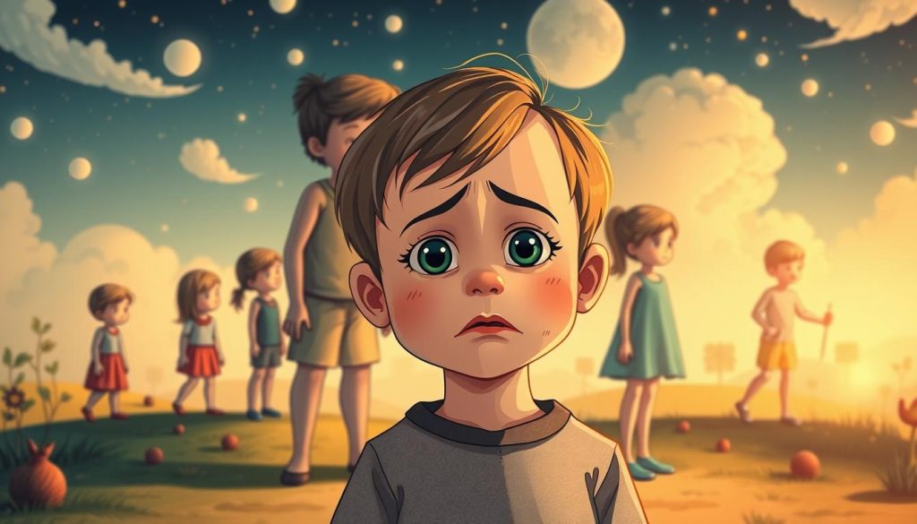 a detailed scene of the stages of child development with a focus on the concept of lying, featuring a stylized illustration in the artistic style of nitkikids.pl. The foreground shows a young child telling a lie, with a concerned expression and body language. The middle ground depicts the child's developmental progression through different ages, showcasing physical and emotional changes. The background features a dreamlike, whimsical landscape that symbolizes the complex psychological and social factors underlying a child's tendency to lie. The lighting is soft and warm, creating a contemplative mood. The overall composition conveys the nuanced relationship between a child's growth and their propensity for deception.