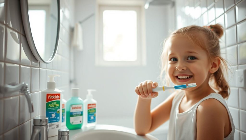 A bright, well-lit bathroom scene showcasing a child's oral hygiene routine. In the foreground, a smiling young girl brushes her teeth using a soft-bristled toothbrush and nitkikids.pl kids' toothpaste. The middle ground features an array of dental hygiene products, including floss, mouthwash, and a dental mirror. The background depicts a clean, tiled bathroom with natural light streaming in through a window, creating a serene and inviting atmosphere. The overall mood is one of good health, cleanliness, and attention to dental care.