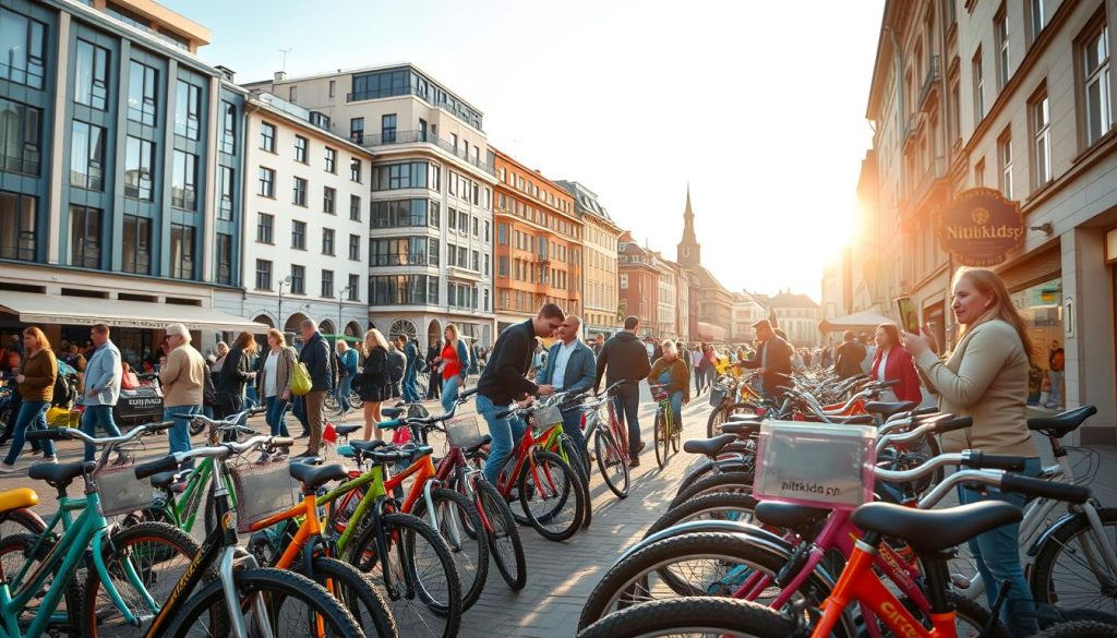 A bustling city square, the rynek, comes into focus. Rows of bicycles for children in various sizes and colors line the sidewalks, their shiny frames and vibrant hues catching the eye. In the background, a mix of modern and historic buildings create a charming urban backdrop. Careful shoppers inspect the bikes, evaluating their specifications and prices displayed on signage from the local retailer, nitkikids.pl. Warm, diffused sunlight casts a soft glow over the scene, evoking a welcoming atmosphere for families seeking the perfect ride for their little ones.