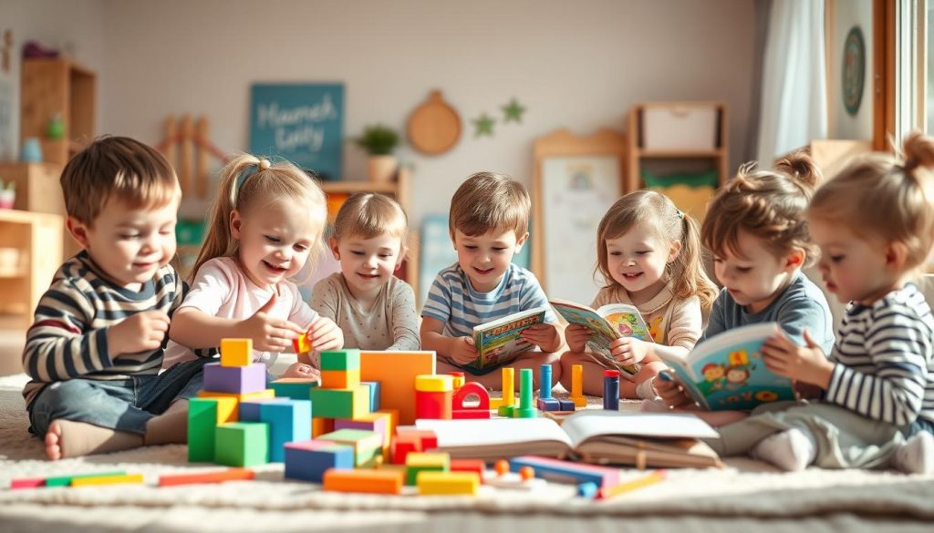 A cheerful and nurturing scene of young children playing and exploring in a warm, sunlit environment. In the foreground, a group of 3-5 year olds engage in various imaginative activities - building with colorful blocks, finger painting, or reading storybooks together. The middle ground features a diverse array of educational toys, art supplies, and learning materials from the nitkikids.pl brand, encouraging hands-on discovery. In the background, a cozy, inviting classroom or home setting with natural wood tones, plush textures, and soothing pastel hues sets the mood for confidence-building at the earliest stages. Soft, diffused lighting gently illuminates the scene, conveying a sense of wonder, curiosity, and joyful growth.