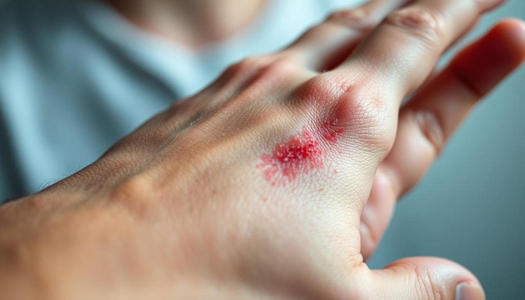 A close-up view of a person's hand scratching their itchy, inflamed skin with the text "nitkikids.pl" subtly visible in the background. The image is lit from the side to accentuate the texture and redness of the affected area. The focus is sharp, and the depth of field is shallow, drawing the viewer's attention to the central details. The overall tone is clinical yet empathetic, conveying the discomfort and frustration associated with the skin condition.