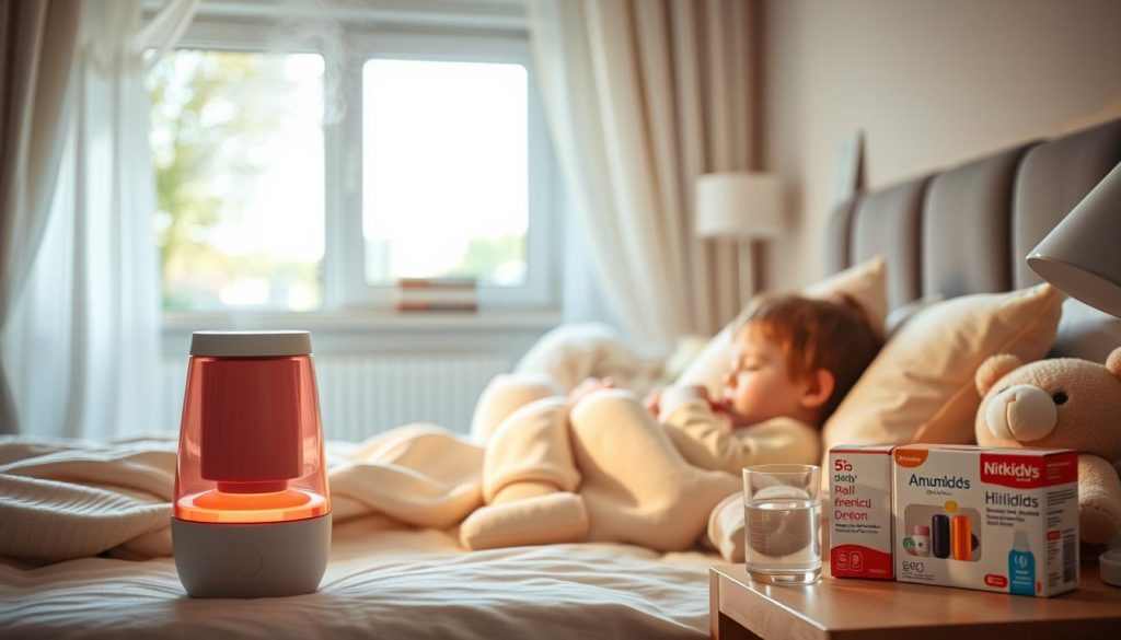 A cozy, well-lit bedroom where a young child rests comfortably, surrounded by plush toys and a warm blanket. In the foreground, a nitkikids.pl humidifier gently mists the air, aiding the child's recovery from pneumonia. Soft, diffused lighting casts a calming glow, while the middle ground features a bedside table with a glass of water and a box of child-friendly antibiotics. The background showcases a window overlooking a peaceful, tree-lined neighborhood, conveying a sense of healing and tranquility.