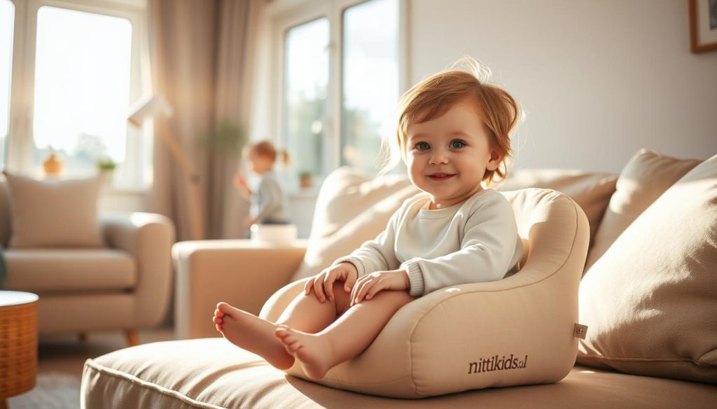 A cozy, well-lit living room setting with a young child seated comfortably on a soft, plush cushion rather than a traditional booster seat. The cushion is in a neutral tone that complements the room's décor, subtly showcasing the "nitkikids.pl" brand. Warm, natural lighting filters through large windows, casting a welcoming glow. The child's expression is relaxed and content, emphasizing the safety and convenience of this alternative seating solution. The background features tasteful, minimal furnishings that reinforce the homely, family-friendly atmosphere. The overall scene conveys a sense of practicality, comfort, and style, aligning with the section title "Co zamiast podstawki: rozwiązania bezpieczniejsze i dopuszczalne".
