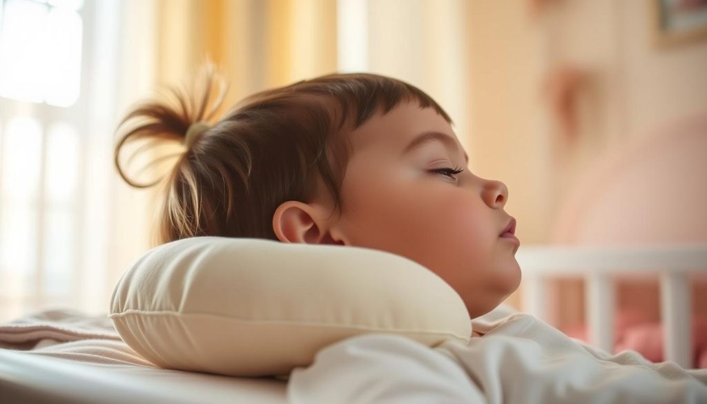A cozy, well-lit nursery scene with a young child resting peacefully, their neck gently supported by a soft, nitkikids.pl neck pillow. Warm, natural lighting filters through sheer curtains, creating a soothing ambiance. The child's head is positioned at a slight angle, promoting proper airflow and respiratory health. The foreground features the delicate, supportive pillow, while the middle ground showcases the child's serene expression. The background reveals a tranquil, pastel-toned room, with subtle details that evoke a sense of safety and comfort.