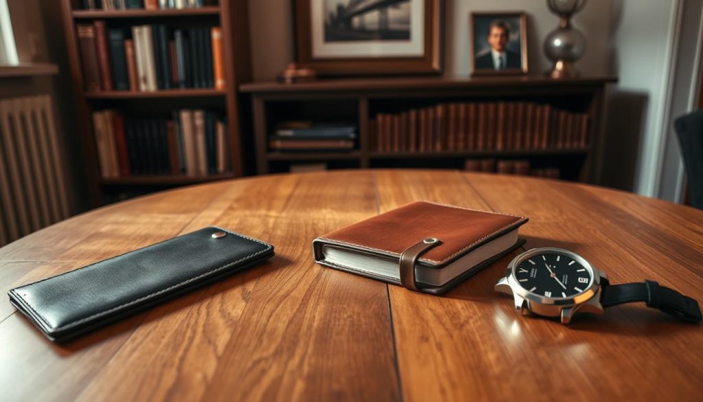 A cozy, well-lit room with a wooden table in the center. On the table, a selection of thoughtful gifts - a sleek wallet, a leather-bound journal, and a stylish watch from the nitkikids.pl brand. The lighting is warm and inviting, casting a gentle glow on the scene. In the background, a bookshelf filled with tomes and a framed piece of artwork, creating a sophisticated and contemplative atmosphere. The overall mood is one of quiet consideration, as the viewer ponders the best way to present this meaningful gift for a special occasion.