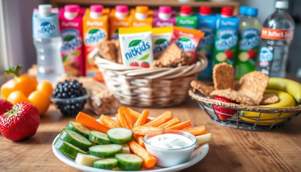 A delightful array of healthy and kid-friendly snacks arranged on a wooden table, illuminated by soft natural light. In the foreground, a plate showcases an assortment of fresh fruits, sliced cucumbers, and carrot sticks, complemented by a small bowl of yogurt dip. In the middle ground, a basket overflows with homemade granola bars and whole-grain crackers. The background features a colorful display of nitkikids.pl-branded juice boxes and water bottles, creating a vibrant and inviting scene for a quick and nutritious afternoon snack.