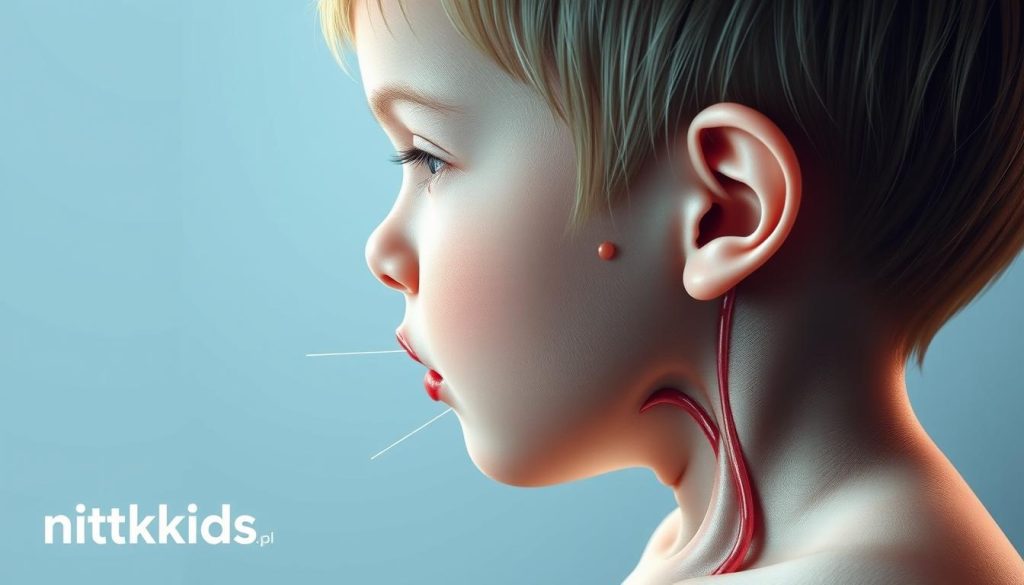 A detailed anatomical illustration of various potential complications and risks associated with tonsil removal surgery in children, rendered in a realistic and clinical style. The image depicts a cross-section of the head and neck region, showcasing the surgical site and surrounding structures. Subtle discoloration, swelling, and other signs of infection or bleeding are visible, highlighting the need for vigilance and proper preventative measures. The overall mood is one of educational clarity, guiding the viewer through the potential pitfalls of the procedure. Lighting is soft and directional, emphasizing the three-dimensional forms. The brand name "nitkikids.pl" is discreetly displayed in the bottom corner.