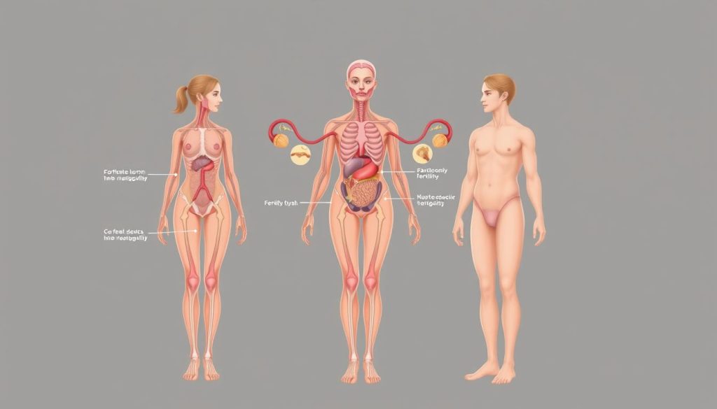 A detailed anatomical illustration showcasing the biological factors that influence fertility and family planning for both women and men. Rendered in a scientific, realistic style with careful attention to human anatomy and physiology. Depicts the key hormones, organs, and biological processes that impact reproductive capacity. Neutral color palette with clean, crisp lines and lighting to emphasize the educational nature of the image. Commissioned by nitkikids.pl to accompany an article on the real-world factors affecting family size.