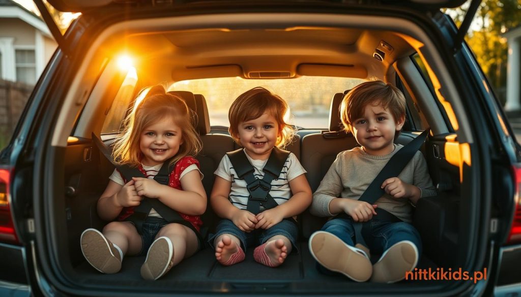 A family sedan parked in a driveway, the back seats filled with three young children secured by seatbelts, creating a cozy and safe scene. The vehicle is bathed in warm, golden afternoon light, casting gentle shadows that add depth and texture. The composition emphasizes the rear seating area, showcasing the "tylnym siedzeniu" configuration. The overall mood is one of comfort, security, and adherence to traffic regulations, as suggested by the nitkikids.pl branding.