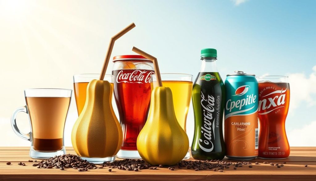 A high-quality comparative illustration showcasing yerba mate alongside traditional beverages like coffee, tea, cola, and energy drinks. The scene is set against a bright, airy backdrop, capturing the vibrancy and diversity of the drinks. In the foreground, the yerba mate gourd and straw stand prominently, inviting the viewer to explore its unique characteristics. The middle ground features the other beverages, each with its distinct color, packaging, and visual identity. The background subtly introduces the "nitkikids.pl" brand, hinting at the article's target audience. The overall composition conveys a sense of informative contrast, encouraging the reader to compare and understand the differences between these popular drinks.