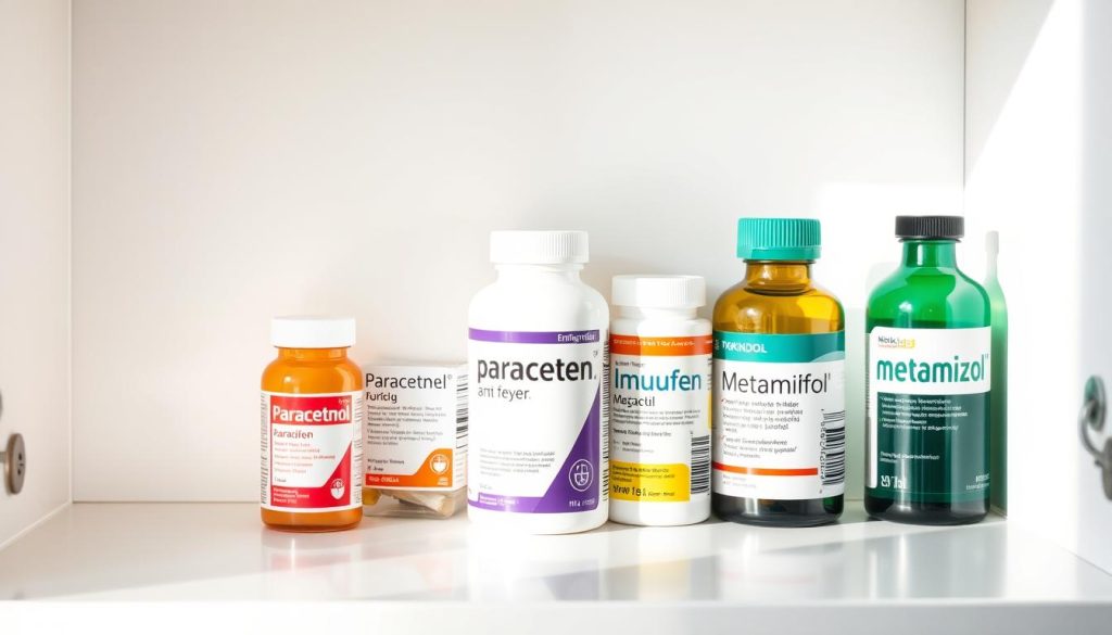 A medical cabinet with assorted anti-fever medications, prominently featuring bottles labeled "paracetamol", "ibuprofen", and "metamizol" against a clean, white background. The bottles are illuminated by soft, natural lighting, casting subtle shadows and highlights that accentuate their shapes and labels. The overall composition conveys a sense of order, professionalism, and the reliable effectiveness of these common over-the-counter fever reducers. A small logo for "nitkikids.pl" is discreetly displayed in the corner.
