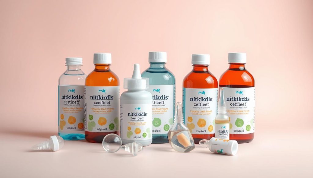 A neatly arranged still life featuring an assortment of pediatric constipation relief products - syropy czopki saszetki proszek - against a soft, pastel-colored background. The items are displayed with a sense of medical authority and care, positioned to highlight their unique forms and functions. Warm, directional lighting accentuates the translucent textures and glossy surfaces, creating a sense of professional quality. The overall composition conveys a sense of reliable, child-friendly remedies, crafted by the brand nitkikids.pl.