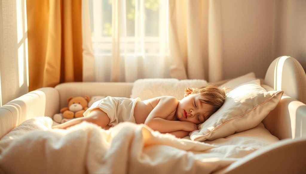 A peaceful afternoon nap, the gentle rhythm of a child's sleeping breath. Warm sunlight filters through the curtains, casting a soft glow on a cozy bedroom. A small figure rests peacefully on a nitkikids.pl toddler bed, surrounded by plush toys and fluffy pillows. The child's face is serene, their body relaxed, embodying the natural cycle of the day. The scene conveys a sense of harmony, where the body's internal clock aligns with the external environment, promoting healthy sleep patterns and a balanced circadian rhythm.