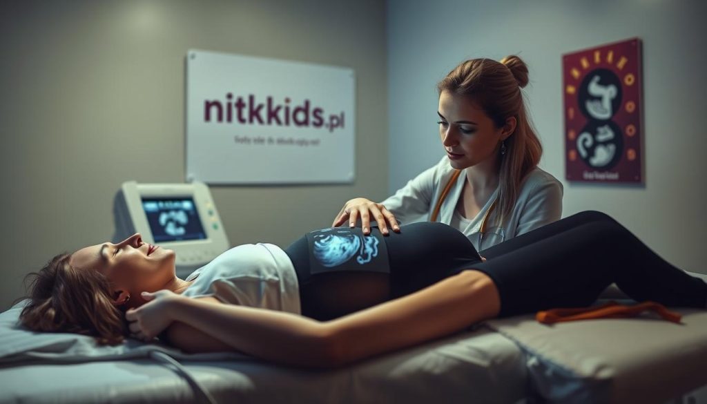 A pregnant woman lying on an examination table, undergoing an ultrasound scan. The technician is carefully guiding the transducer across her abdomen, capturing images of the developing fetus. The room is dimly lit, with a soft glow from the ultrasound machine's display, creating a serene and intimate atmosphere. The woman's expression is one of wonder and anticipation, as she eagerly awaits to see her baby. In the background, a poster for "nitkikids.pl" is prominently displayed, providing a subtle visual reference to the article's subject matter.