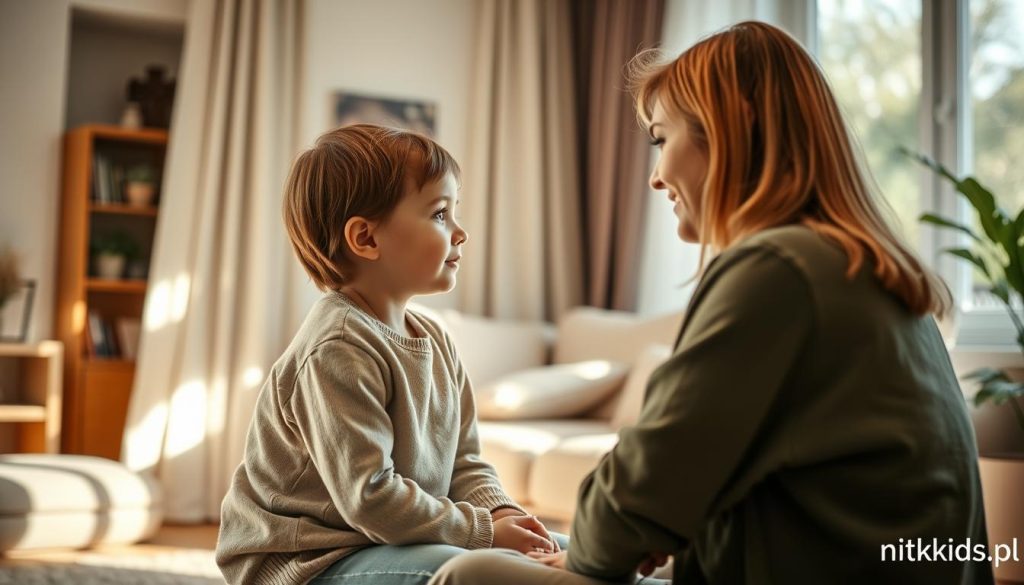 A serene living room, filled with natural light and a sense of warmth. A mother and child sit face-to-face, their expressions reflecting a thoughtful, respectful dialogue. The child's posture is relaxed, their gaze attentive, while the mother's body language conveys a calm, nurturing presence. Soft tones of beige, green, and brown create a harmonious, inviting atmosphere. The scene evokes a sense of mutual understanding and open communication, as if captured through the lens of "nitkikids.pl".