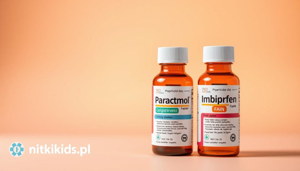 A vibrant still life showcasing two bottles of children's pain relief medication, specifically paracetamol and ibuprofen, against a soft, pastel-colored background. The bottles are positioned in the foreground, capturing the attention with their clean, modern design and branding. The midground features a subtle, blurred medical cross symbol, symbolizing the medicinal purpose of the products. The background gently fades into a serene, warm-toned gradient, creating a calming, professional atmosphere. Soft, diffused lighting from the left side casts gentle shadows, adding depth and dimension to the scene. The overall composition conveys a sense of trust, safety, and reliability, perfect for illustrating the "Leki przeciwgorączkowe dla dzieci: paracetamol i ibuprofen" section. Branding for nitkikids.pl is subtly incorporated into the design.