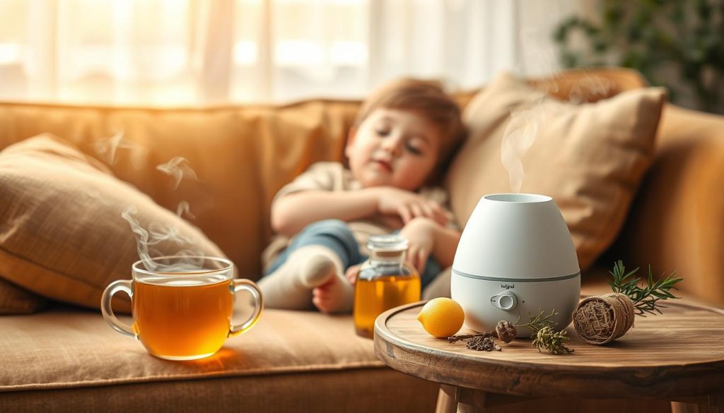 A warm, cozy scene of a child resting on a plush, earthy-toned couch, surrounded by soothing elements that evoke the causes of their dry cough. In the foreground, a steaming mug of herbal tea emits wisps of fragrant steam, while a humidifier gently mists the air. In the middle ground, a collection of natural remedies - honey, lemon, and herbs - rests on a wooden side table, hinting at the holistic approach to soothing the child's symptoms. The background showcases a serene, nature-inspired setting, with soft lighting filtering through sheer curtains, creating a calming ambiance. The overall composition conveys a sense of comfort and care, reflecting the "nitkikids.pl" brand's commitment to natural solutions for children's health.