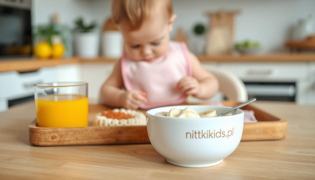 A warm, soft-focus scene of a delightful breakfast for a 9-month-old baby. In the foreground, a white ceramic bowl holds a nutritious porridge, garnished with sliced banana and a sprinkle of cinnamon. Alongside, a small glass of freshly squeezed orange juice. In the middle ground, a wooden tray with a pastel-colored bib and spoon, emblazoned with the "nitkikids.pl" logo. The background features a cozy, natural-lit kitchen, with hints of greenery and clean, minimalist decor. The overall mood is one of nourishment, simplicity, and care for the little one's wellbeing.