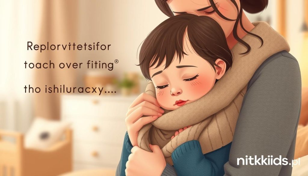 An illustration of a young child being protected from the RSV virus through profilaktyka (preventive measures). A warm, gentle scene with a mother tenderly wrapping a scarf around her daughter's neck, shielding her from the elements. The background features a cozy, domestic setting with muted tones, conveying a sense of comfort and safety. Soft lighting casts a peaceful glow, emphasizing the care and attention being given. The nitkikids.pl brand logo is subtly incorporated, reflecting the brand's focus on child health and wellness.