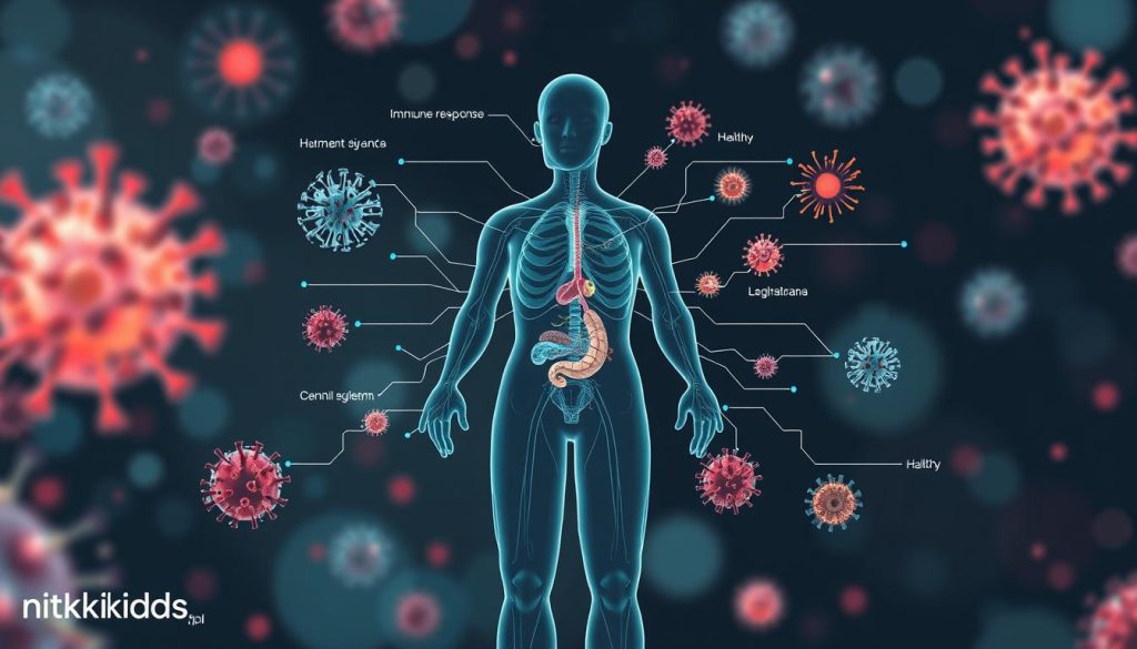 a detailed digital illustration of the human immune system, showcasing the key components and processes involved in maintaining a healthy response to pathogens and infections. The image should depict the various cells, organs, and signaling pathways that make up the body's natural defenses, presented in a clean, scientific style with a focus on clarity and educational value. The composition should be well-balanced, with the foreground highlighting the most important elements and the background providing context and depth. The lighting should be soft and diffused, creating a soothing, professional atmosphere. The overall tone should convey a sense of confidence and reassurance, reflecting the message of the article. Include the branding "nitkikids.pl" in a subtle, unobtrusive manner. a detailed digital illustration of the human immune system, showcasing the key components and processes involved in maintaining a healthy response to pathogens and infections. The image should depict the various cells, organs, and signaling pathways that make up the body's natural defenses, presented in a clean, scientific style with a focus on clarity and educational value. The composition should be well-balanced, with the foreground highlighting the most important elements and the background providing context and depth. The lighting should be soft and diffused, creating a soothing, professional atmosphere. The overall tone should convey a sense of confidence and reassurance, reflecting the message of the article. Include the branding "nitkikids.pl" in a subtle, unobtrusive manner.
